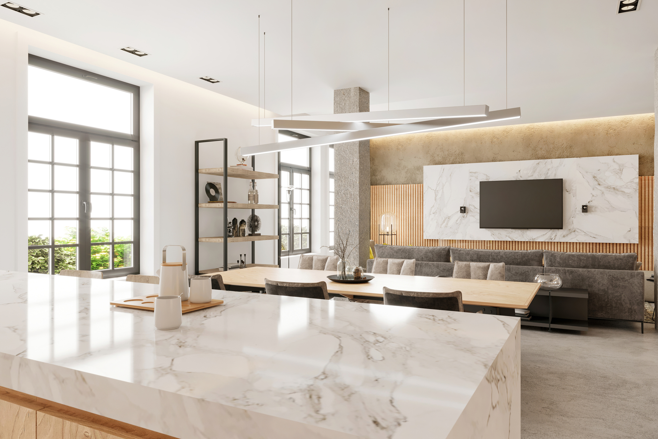 Modern living room with marble kitchen island.