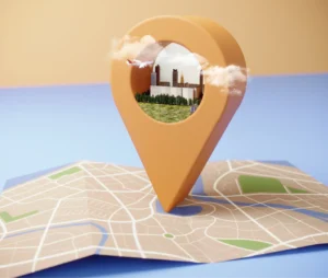 3D map marker featuring urban landscape